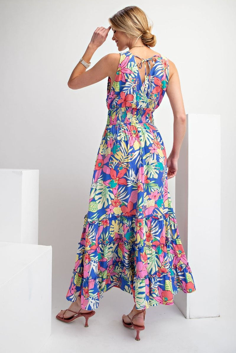 Easel Tropical Print Peach Blossom Maxi Dress In Peri Blue-Maxi Dresses-Easel-Deja Nu Boutique, Women's Fashion Boutique in Lampasas, Texas