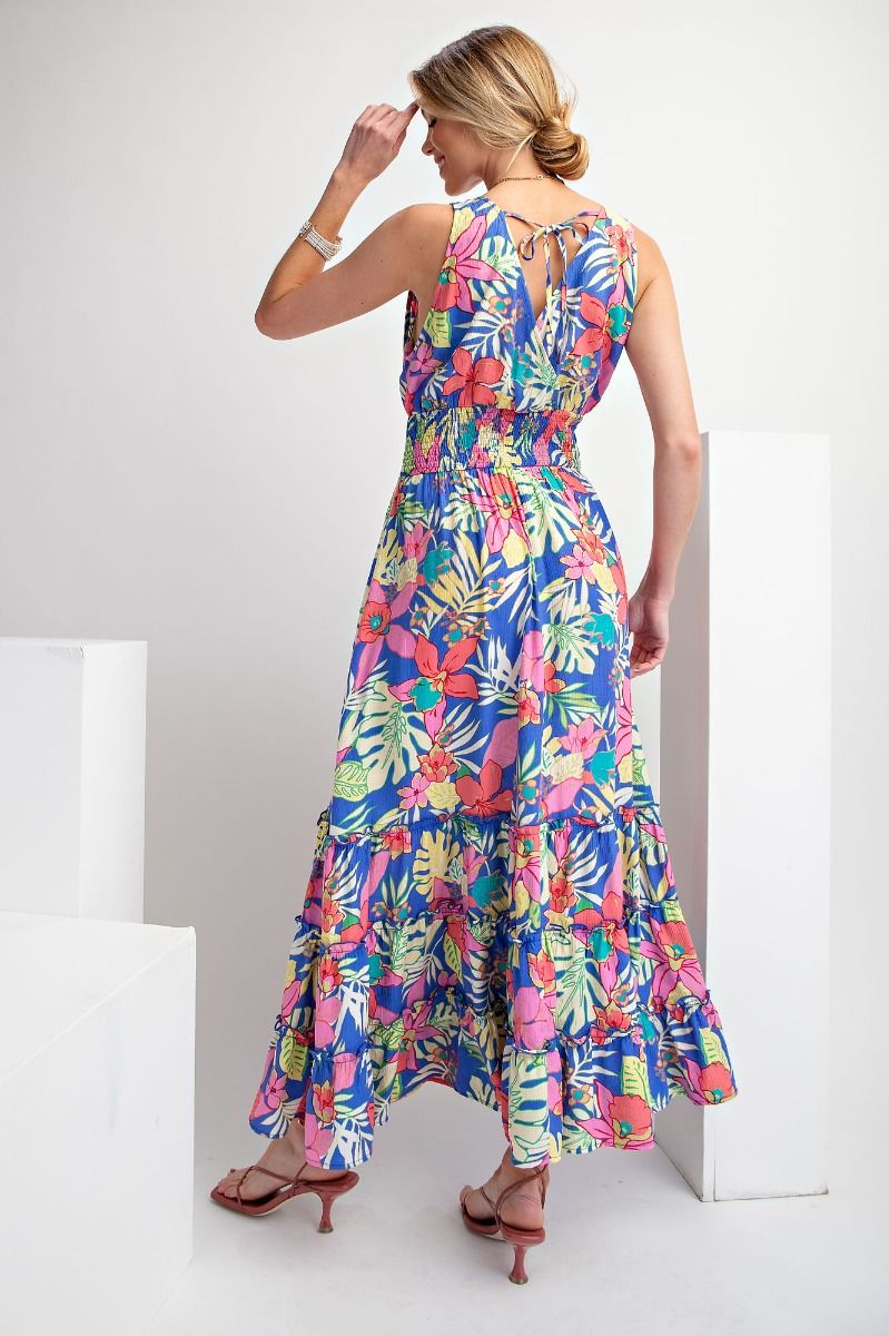 Easel Tropical Print Peach Blossom Maxi Dress In Peri Blue-Maxi Dresses-Easel-Deja Nu Boutique, Women's Fashion Boutique in Lampasas, Texas