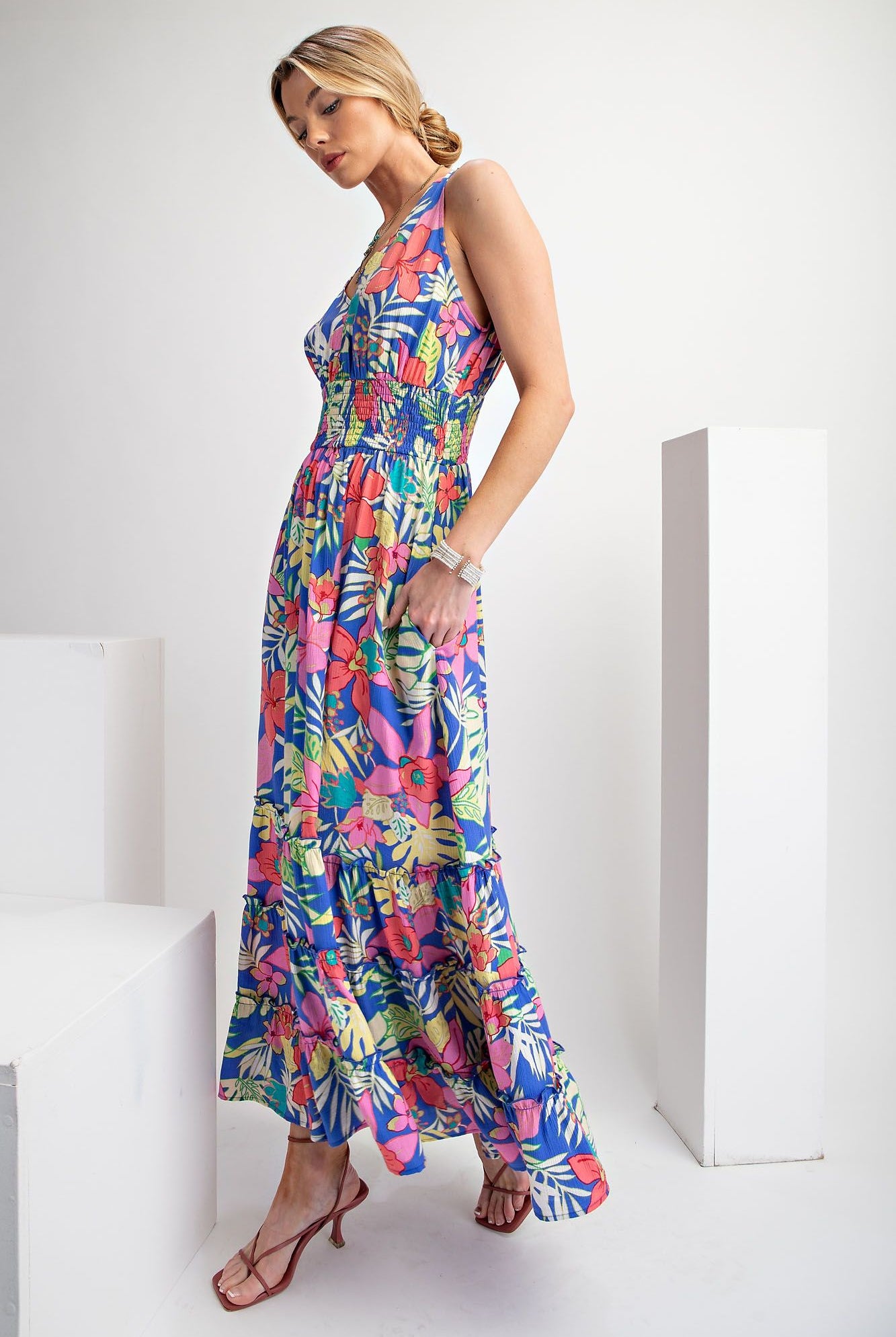 Easel Tropical Print Peach Blossom Maxi Dress In Peri Blue-Maxi Dresses-Easel-Deja Nu Boutique, Women's Fashion Boutique in Lampasas, Texas