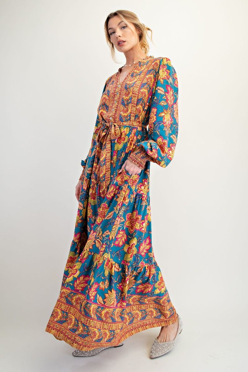 Easel Turquoise Floral Rayon Challis Maxi Dress – Tie Waist Boho Long Sleeve Dress-Maxi Dresses-Easel-Deja Nu Boutique, Women's Fashion Boutique in Lampasas, Texas