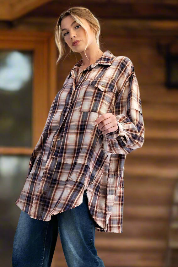 Easel Washed Button Down Flannel Tunic – Starry Night-shirts-Easel-Deja Nu Boutique, Women's Fashion Boutique in Lampasas, Texas