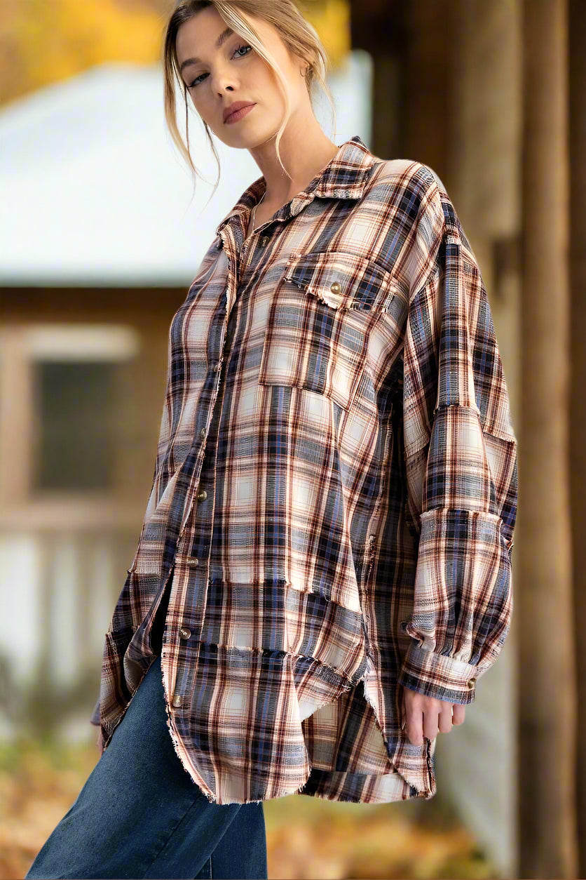 Easel Washed Button Down Flannel Tunic – Starry Night-shirts-Easel-Deja Nu Boutique, Women's Fashion Boutique in Lampasas, Texas