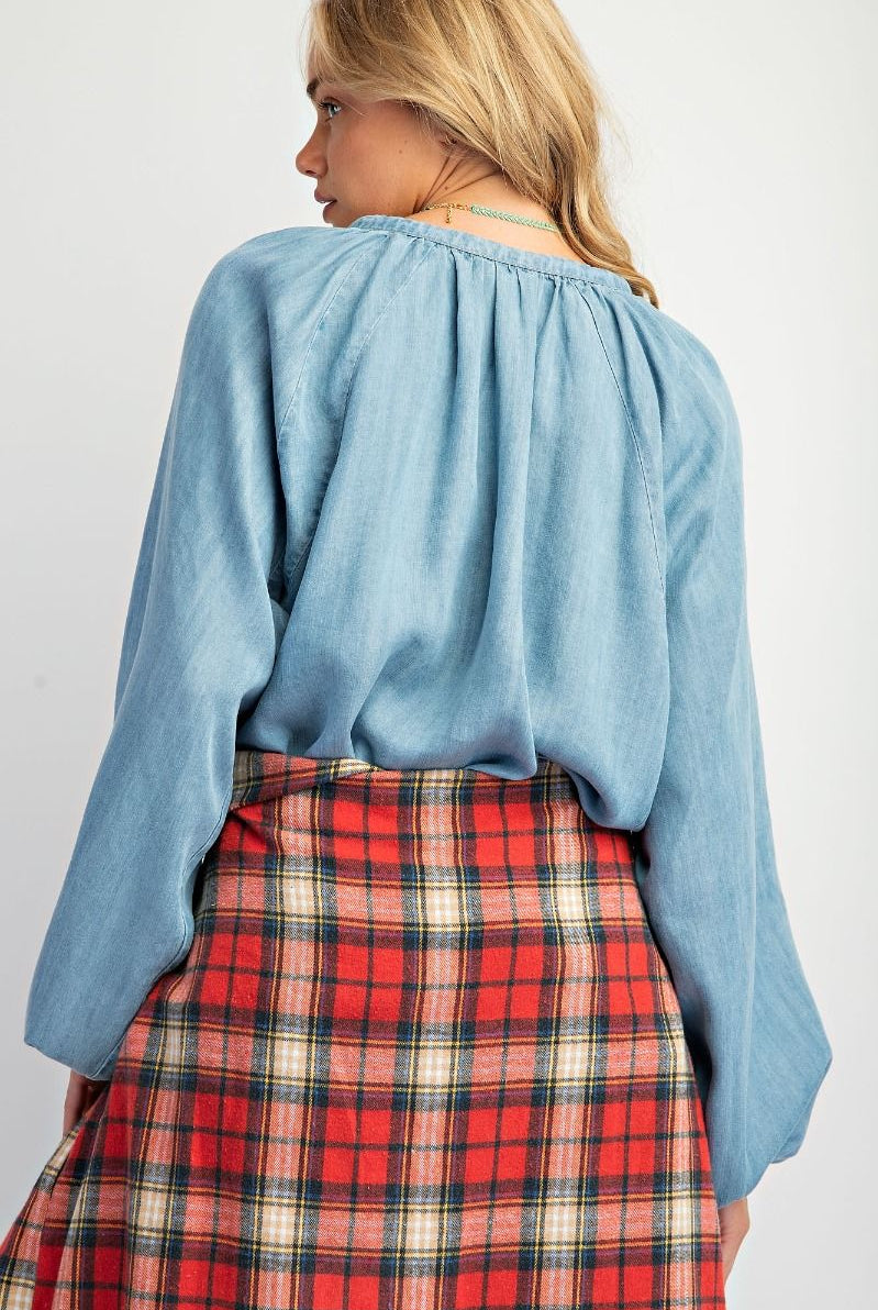 Easel Washed Chambray Flare Tunic-Tops-Easel-Deja Nu Boutique, Women's Fashion Boutique in Lampasas, Texas