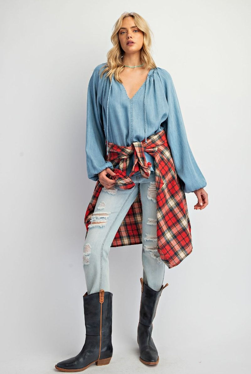 Easel Washed Chambray Flare Tunic-Tops-Easel-Deja Nu Boutique, Women's Fashion Boutique in Lampasas, Texas