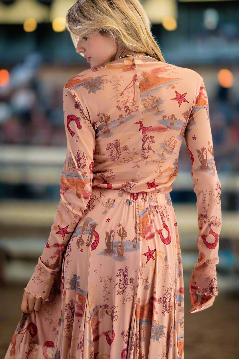 Easel Western Printed Mesh Fitted Top – Long Sleeve Cowboy Print in Camel-sheer top-Easel-Deja Nu Boutique, Women's Fashion Boutique in Lampasas, Texas