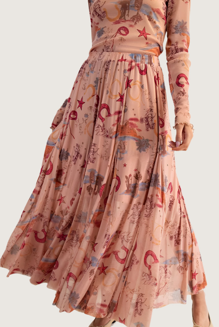 Easel Western Printed Mesh Swing Maxi Skirt – Elastic Waist Cowgirl Skirt in Camel-Skirts-Easel-Deja Nu Boutique, Women's Fashion Boutique in Lampasas, Texas