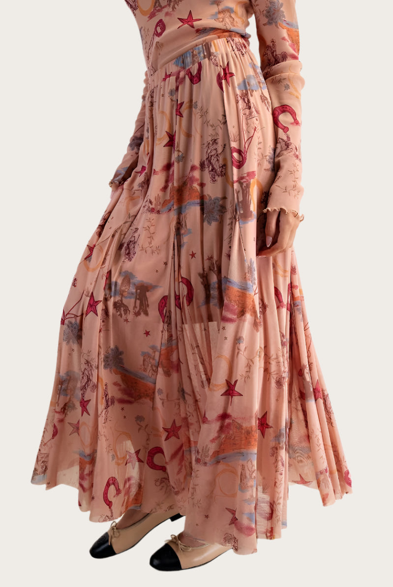 Easel Western Printed Mesh Swing Maxi Skirt – Elastic Waist Cowgirl Skirt in Camel-Skirts-Easel-Deja Nu Boutique, Women's Fashion Boutique in Lampasas, Texas