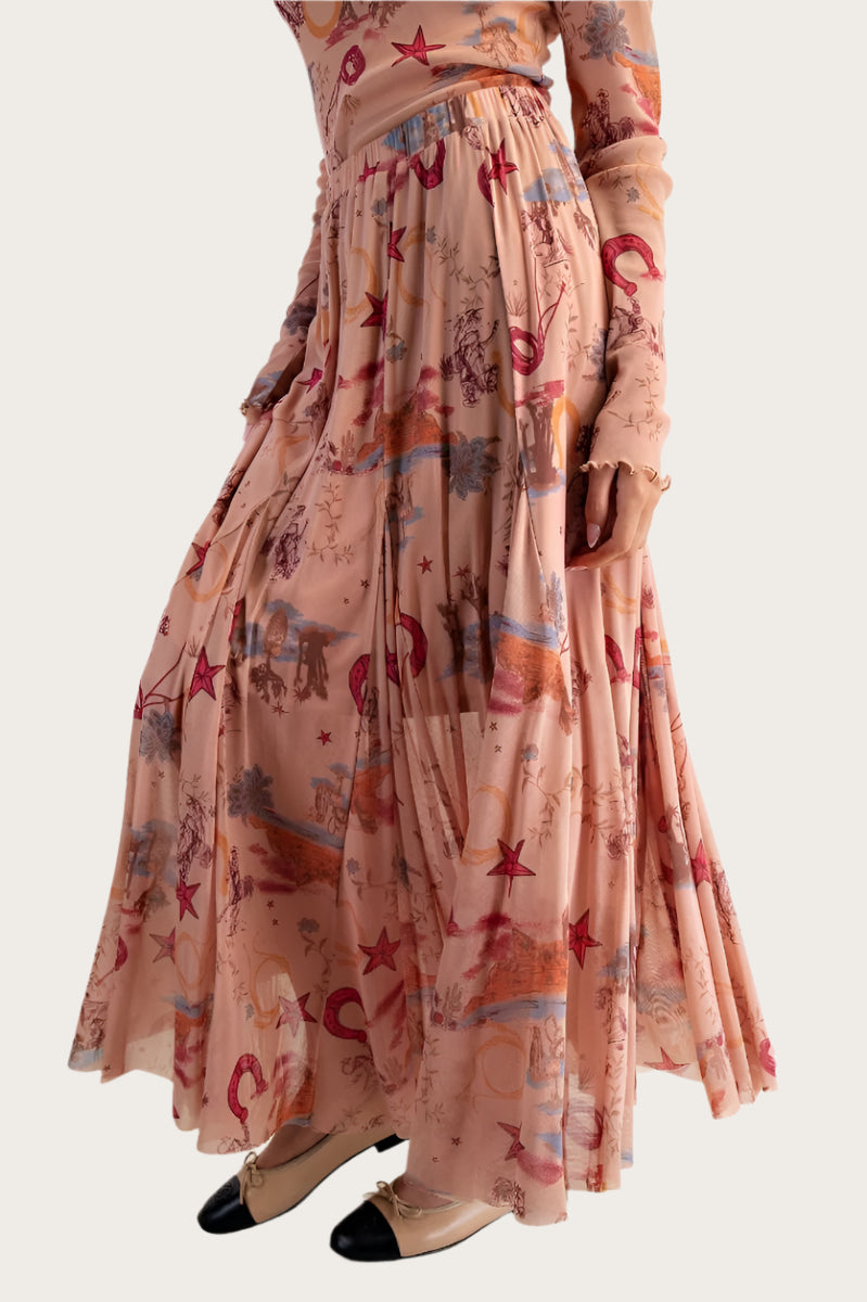 Easel Western Printed Mesh Swing Maxi Skirt – Elastic Waist Cowgirl Skirt in Camel-Skirts-Easel-Deja Nu Boutique, Women's Fashion Boutique in Lampasas, Texas