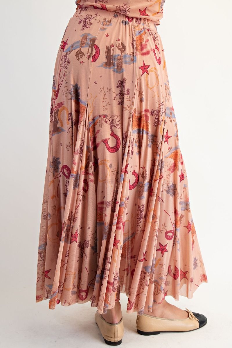 Easel Western Printed Mesh Swing Maxi Skirt – Elastic Waist Cowgirl Skirt in Camel-Skirts-Easel-Deja Nu Boutique, Women's Fashion Boutique in Lampasas, Texas