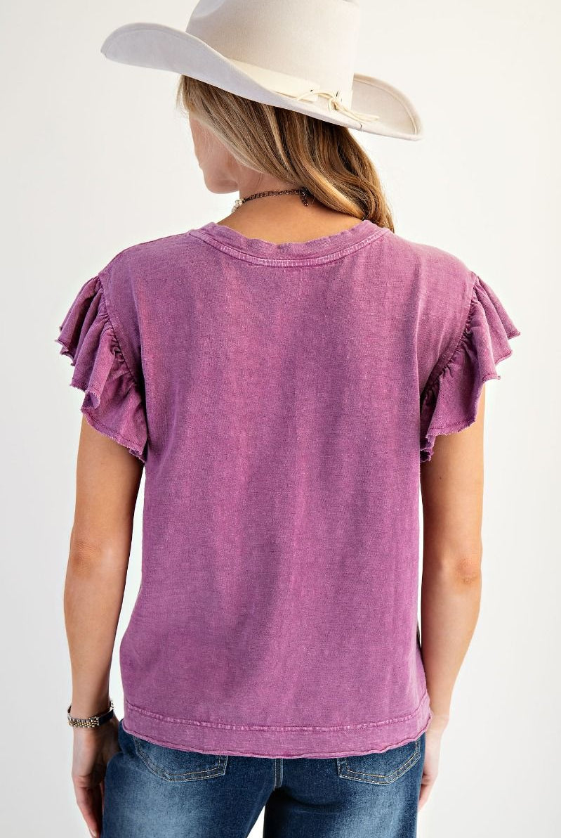 Easel Wing Sleeve Mineral Washed Cotton Knit Top – Orchid-Tops-Easel-Deja Nu Boutique, Women's Fashion Boutique in Lampasas, Texas