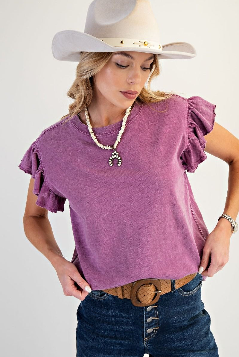 Easel Wing Sleeve Mineral Washed Cotton Knit Top – Orchid-Tops-Easel-Deja Nu Boutique, Women's Fashion Boutique in Lampasas, Texas