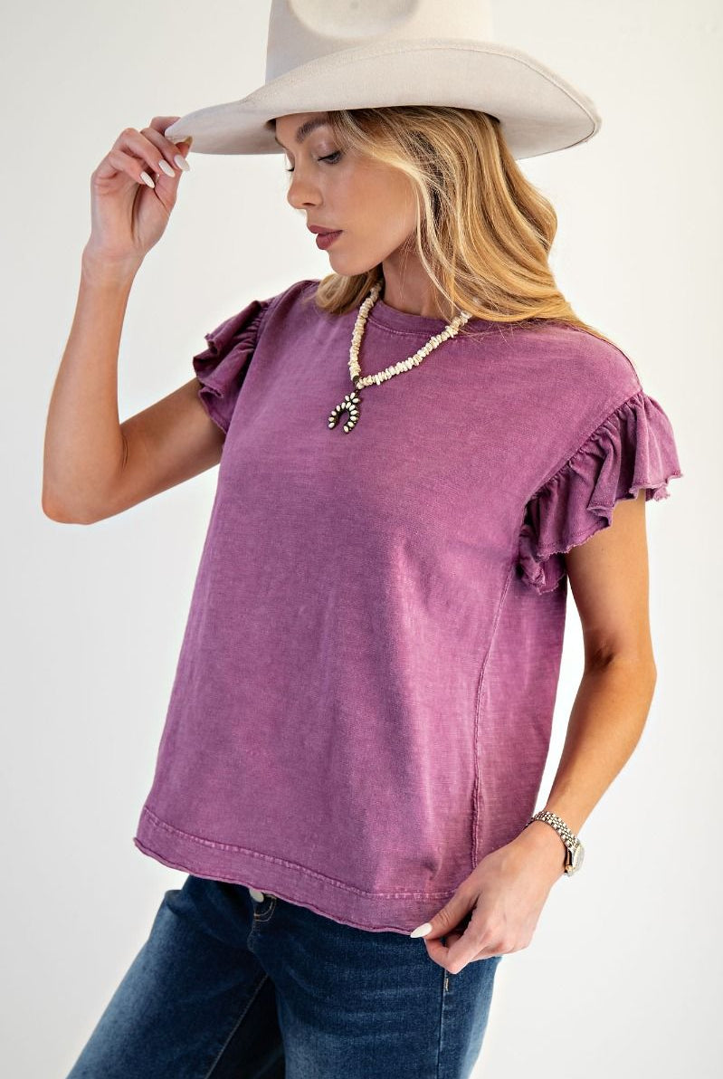 Easel Wing Sleeve Mineral Washed Cotton Knit Top – Orchid-Tops-Easel-Deja Nu Boutique, Women's Fashion Boutique in Lampasas, Texas