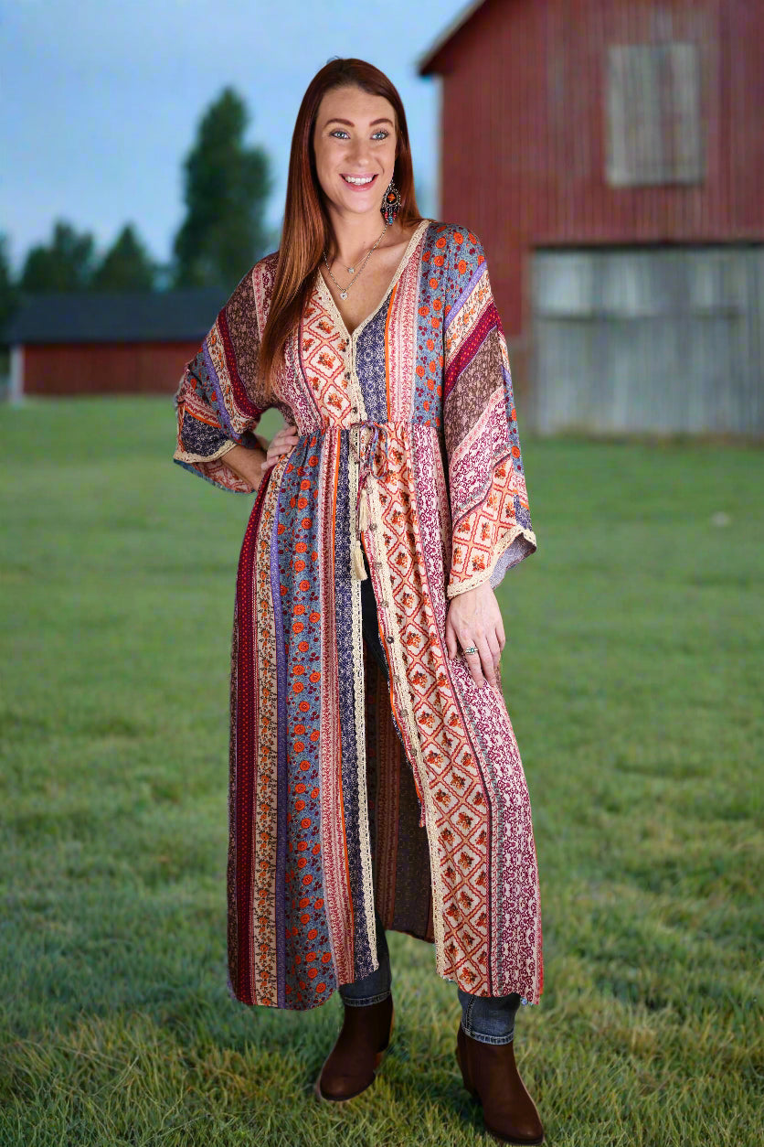 Easel Cream & Blue Printed Bell Sleeve Maxi Duster Dress-Maxi Dresses-Easel-Deja Nu Boutique, Women's Fashion Boutique in Lampasas, Texas