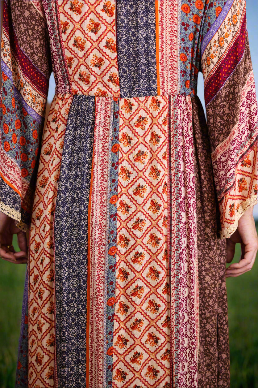 Easel Cream & Blue Printed Bell Sleeve Maxi Duster Dress-Maxi Dresses-Easel-Deja Nu Boutique, Women's Fashion Boutique in Lampasas, Texas