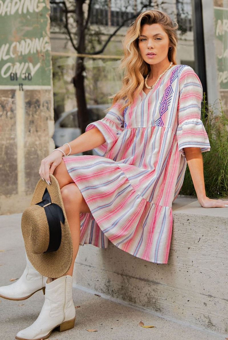 Easel Embroidered Pink Stripe Boho Dress-Short Dresses-Easel-Deja Nu Boutique, Women's Fashion Boutique in Lampasas, Texas