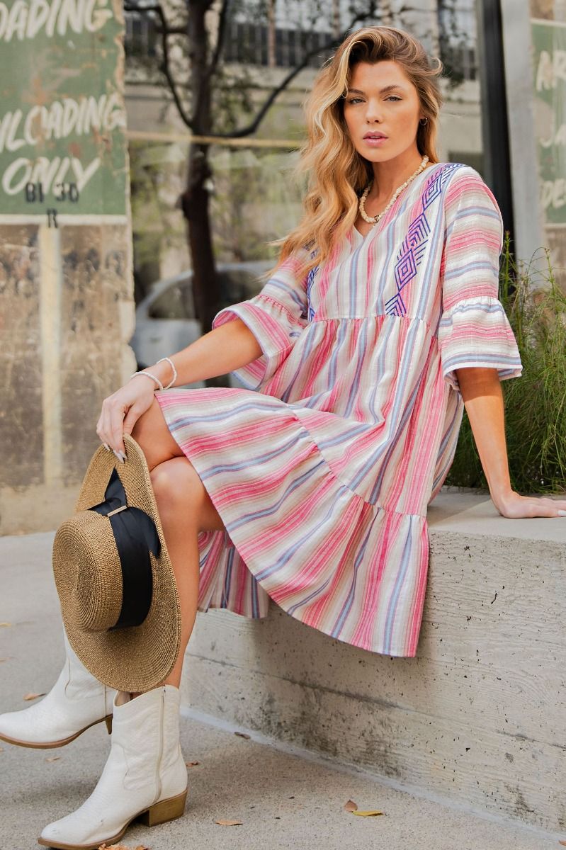 Easel Embroidered Pink Stripe Boho Dress-Short Dresses-Easel-Deja Nu Boutique, Women's Fashion Boutique in Lampasas, Texas