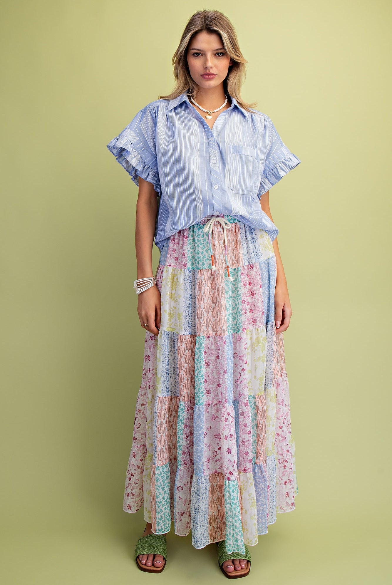 Easel Patchwork Multi Floral Printed Chiffon Tiered Maxi Skirt-Skirts-Easel-Deja Nu Boutique, Women's Fashion Boutique in Lampasas, Texas