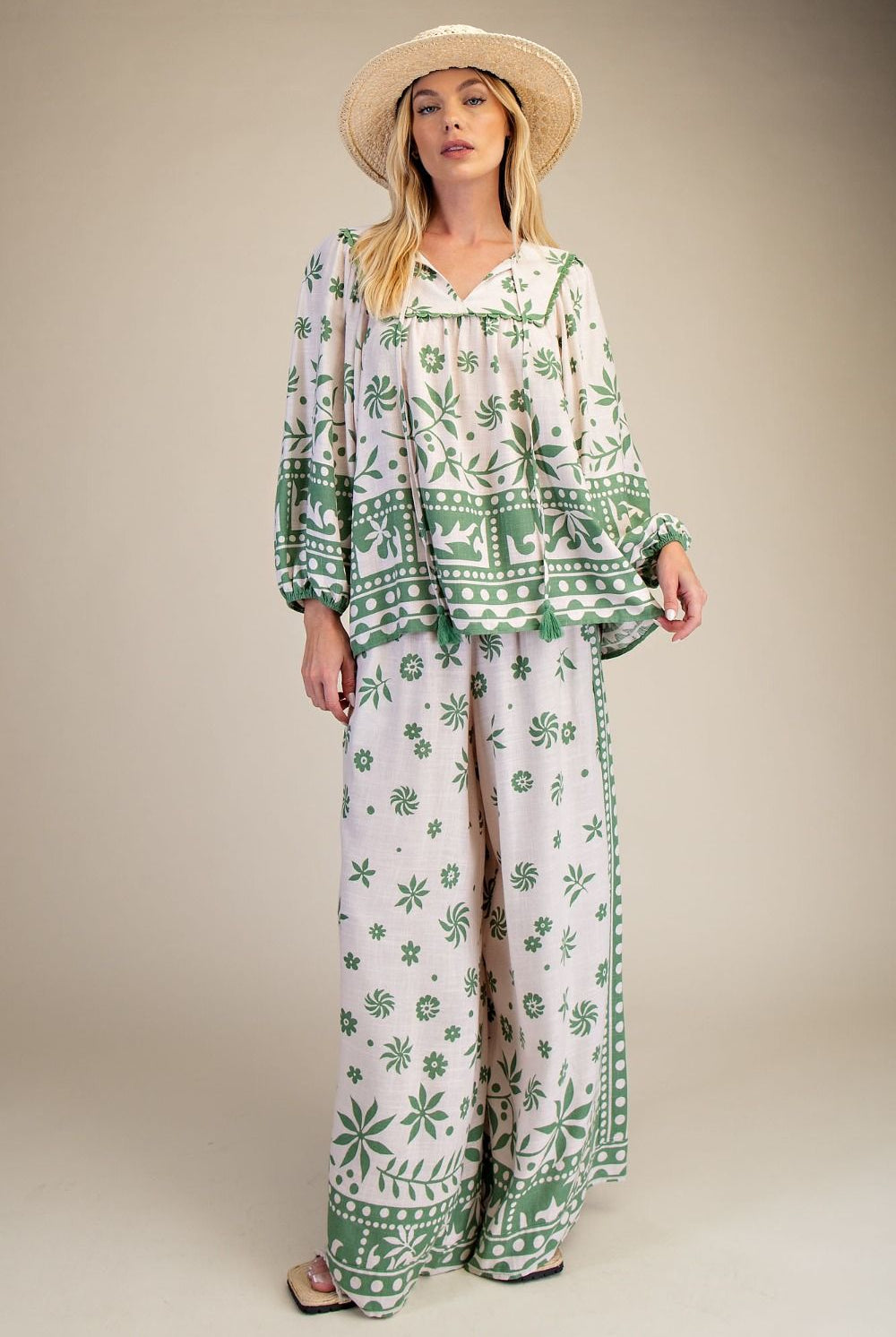 Easel Plus Size Border Print Rayon Linen Wide Leg Pants in Matcha Latte-Curvy/Plus Bottoms-Easel-Deja Nu Boutique, Women's Fashion Boutique in Lampasas, Texas
