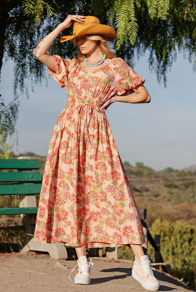 🍑 Easel Printed Peach Blossom Maxi Dress – Fuzzy Peach 🍑-Maxi Dresses-Easel-Deja Nu Boutique, Women's Fashion Boutique in Lampasas, Texas