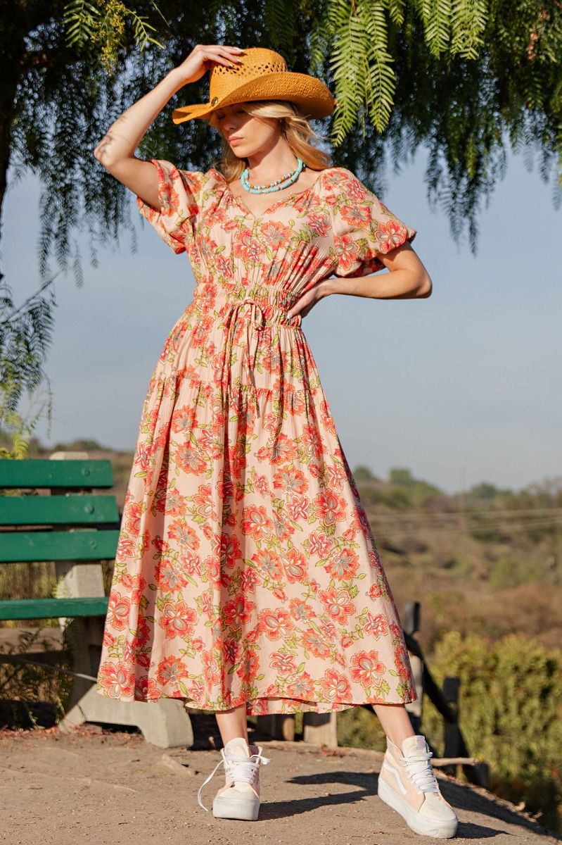 π Easel Printed Peach Blossom Maxi Dress β Fuzzy Peach π-Maxi Dresses-Easel-Deja Nu Boutique, Women's Fashion Boutique in Lampasas, Texas