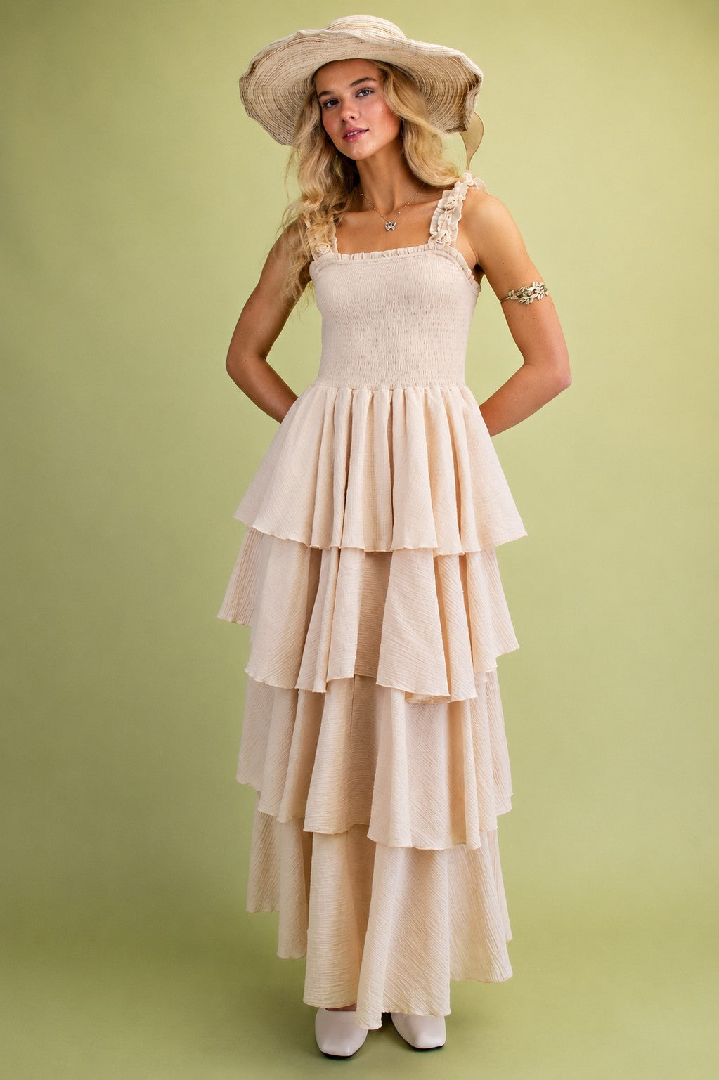 Easel Sage Label Natural Floral Strap Tiered Gauze Maxi Dress-Maxi Dresses-Easel-Deja Nu Boutique, Women's Fashion Boutique in Lampasas, Texas