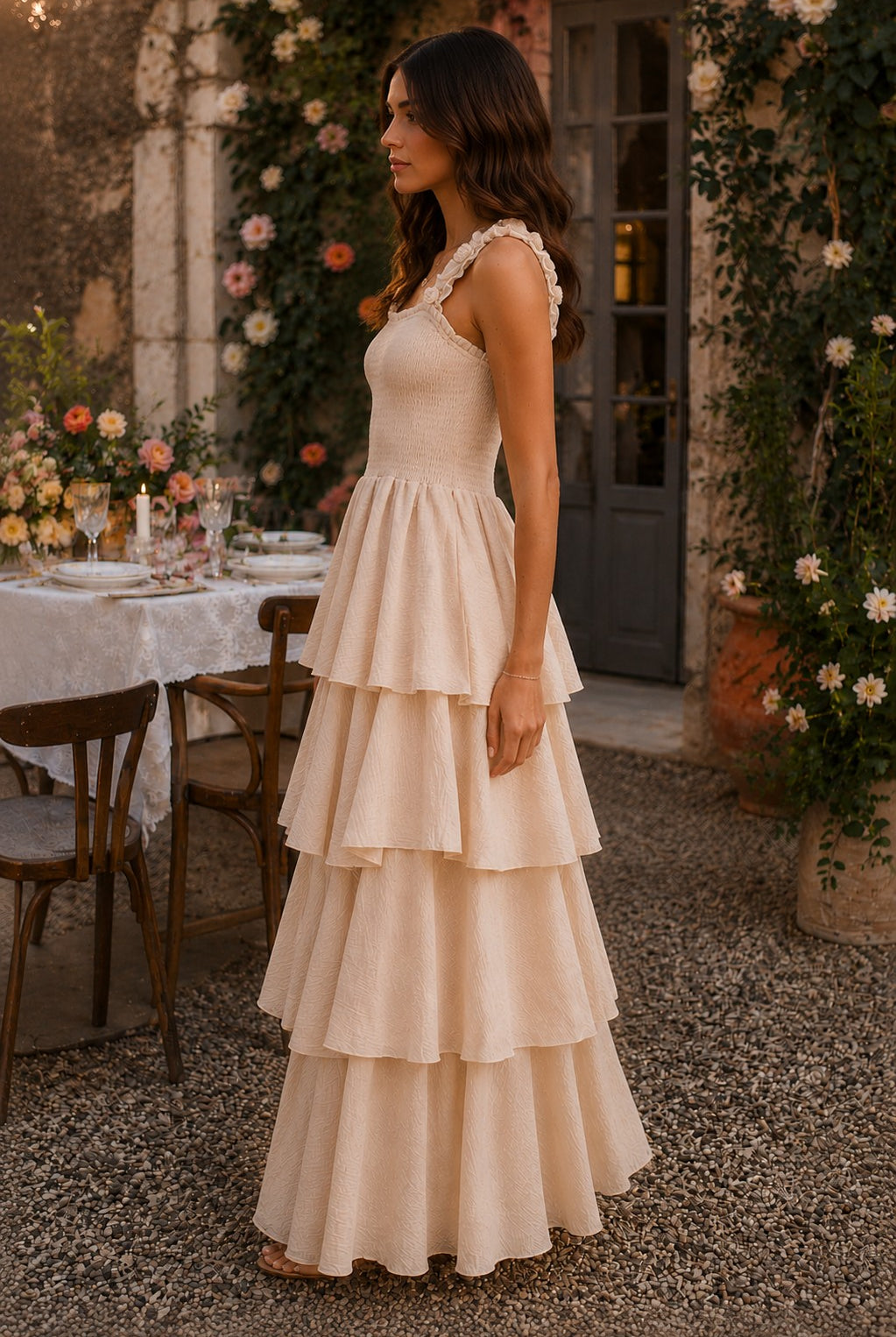Easel Sage Label Natural Floral Strap Tiered Gauze Maxi Dress-Maxi Dresses-Easel-Deja Nu Boutique, Women's Fashion Boutique in Lampasas, Texas