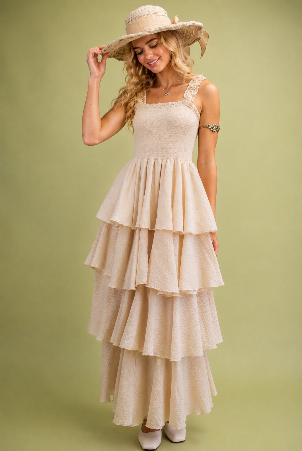 Easel Sage Label Natural Floral Strap Tiered Gauze Maxi Dress-Maxi Dresses-Easel-Deja Nu Boutique, Women's Fashion Boutique in Lampasas, Texas