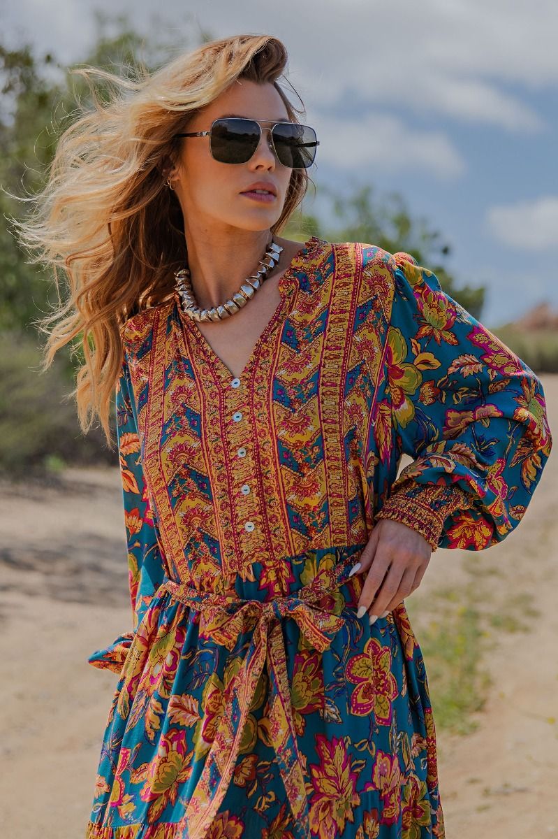 Easel Turquoise Floral Rayon Challis Maxi Dress – Tie Waist Boho Long Sleeve Dress-Maxi Dresses-Easel-Deja Nu Boutique, Women's Fashion Boutique in Lampasas, Texas