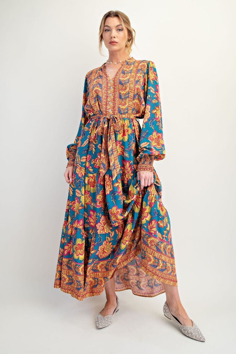 Easel Turquoise Floral Rayon Challis Maxi Dress – Tie Waist Boho Long Sleeve Dress-Maxi Dresses-Easel-Deja Nu Boutique, Women's Fashion Boutique in Lampasas, Texas