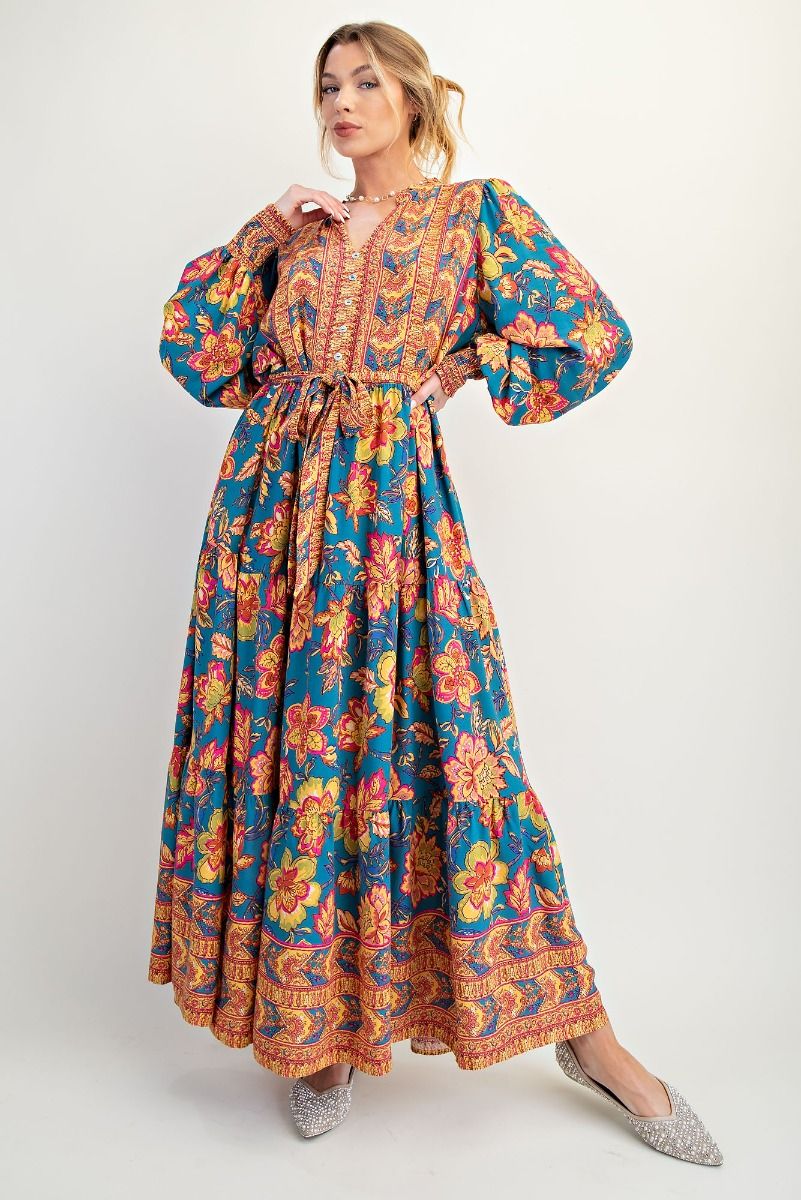 Easel Turquoise Floral Rayon Challis Maxi Dress – Tie Waist Boho Long Sleeve Dress-Maxi Dresses-Easel-Deja Nu Boutique, Women's Fashion Boutique in Lampasas, Texas
