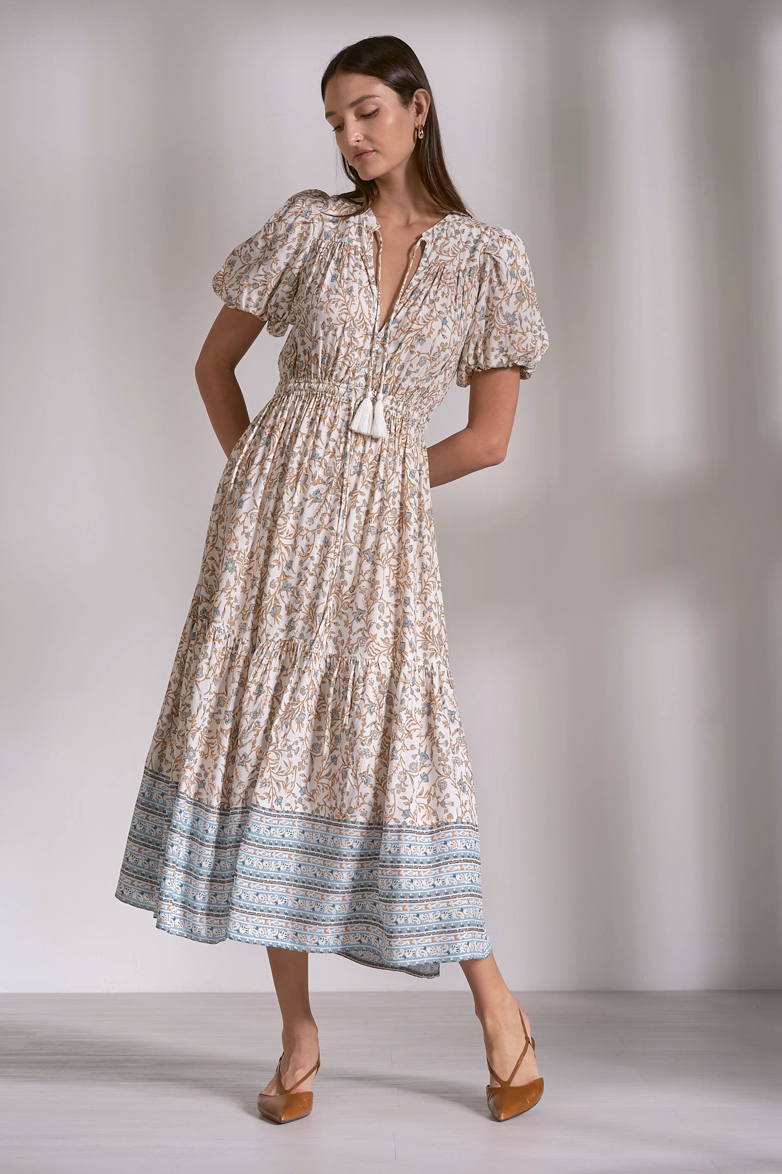 Elan Blue Whimsy Print Elastic Waist Maxi Dress-Maxi Dresses-Elan-Deja Nu Boutique, Women's Fashion Boutique in Lampasas, Texas