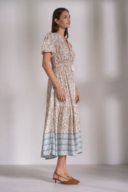 Elan Blue Whimsy Print Elastic Waist Maxi Dress-Maxi Dresses-Elan-Deja Nu Boutique, Women's Fashion Boutique in Lampasas, Texas