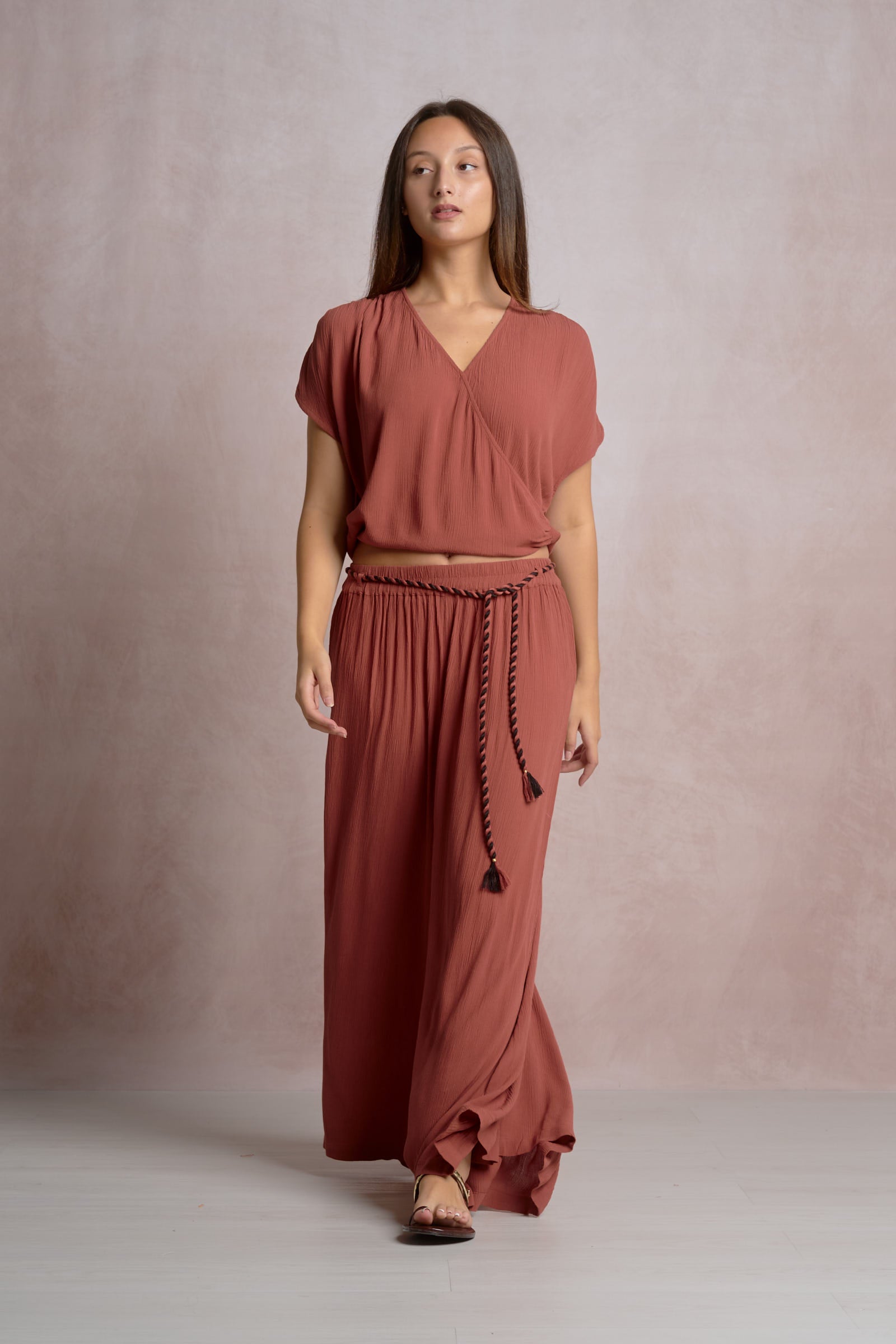 Elan Dark Cayenne Wide Leg Pants with Rope Tie-Pants-Elan-Deja Nu Boutique, Women's Fashion Boutique in Lampasas, Texas