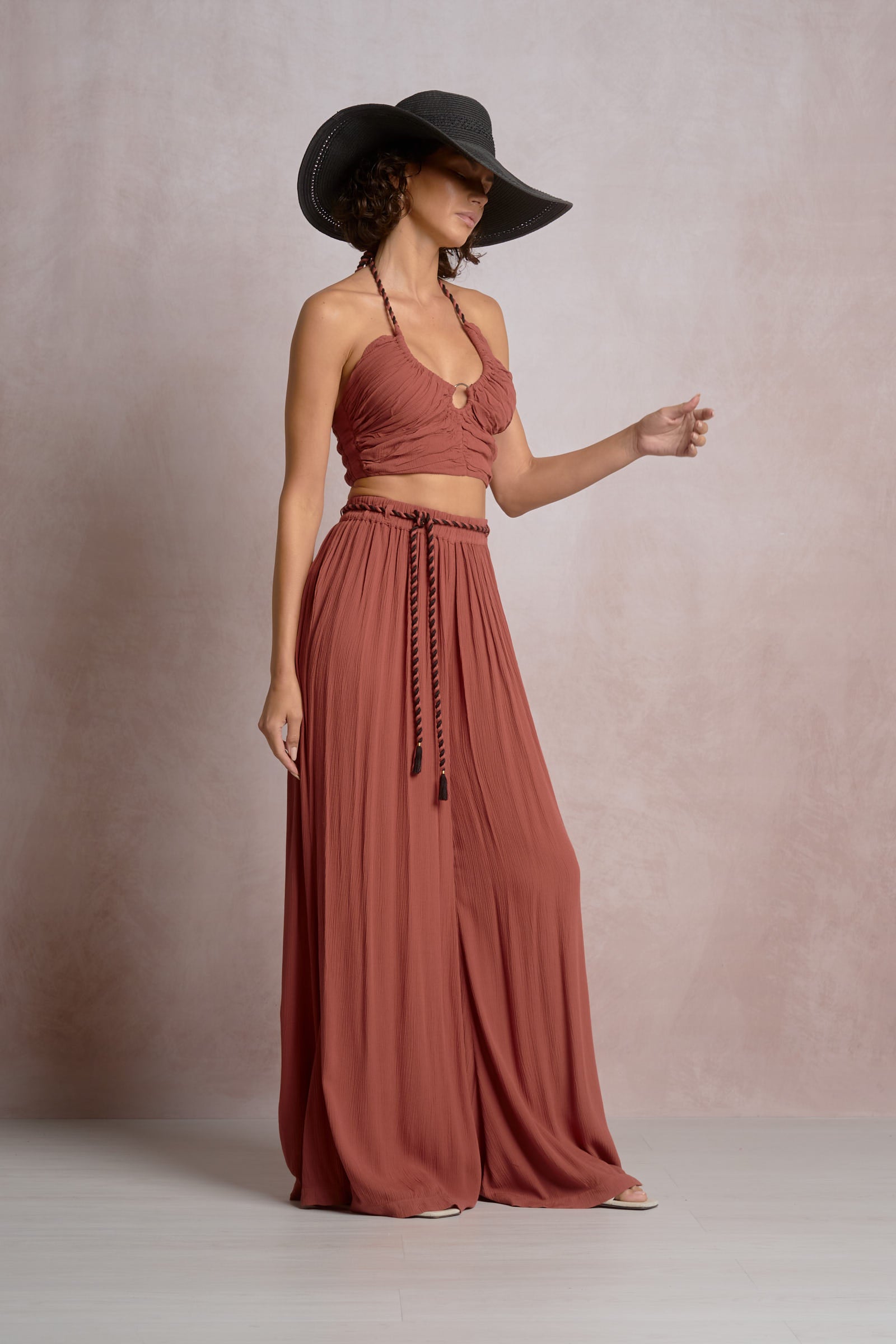 Elan Dark Cayenne Wide Leg Pants with Rope Tie-Pants-Elan-Deja Nu Boutique, Women's Fashion Boutique in Lampasas, Texas
