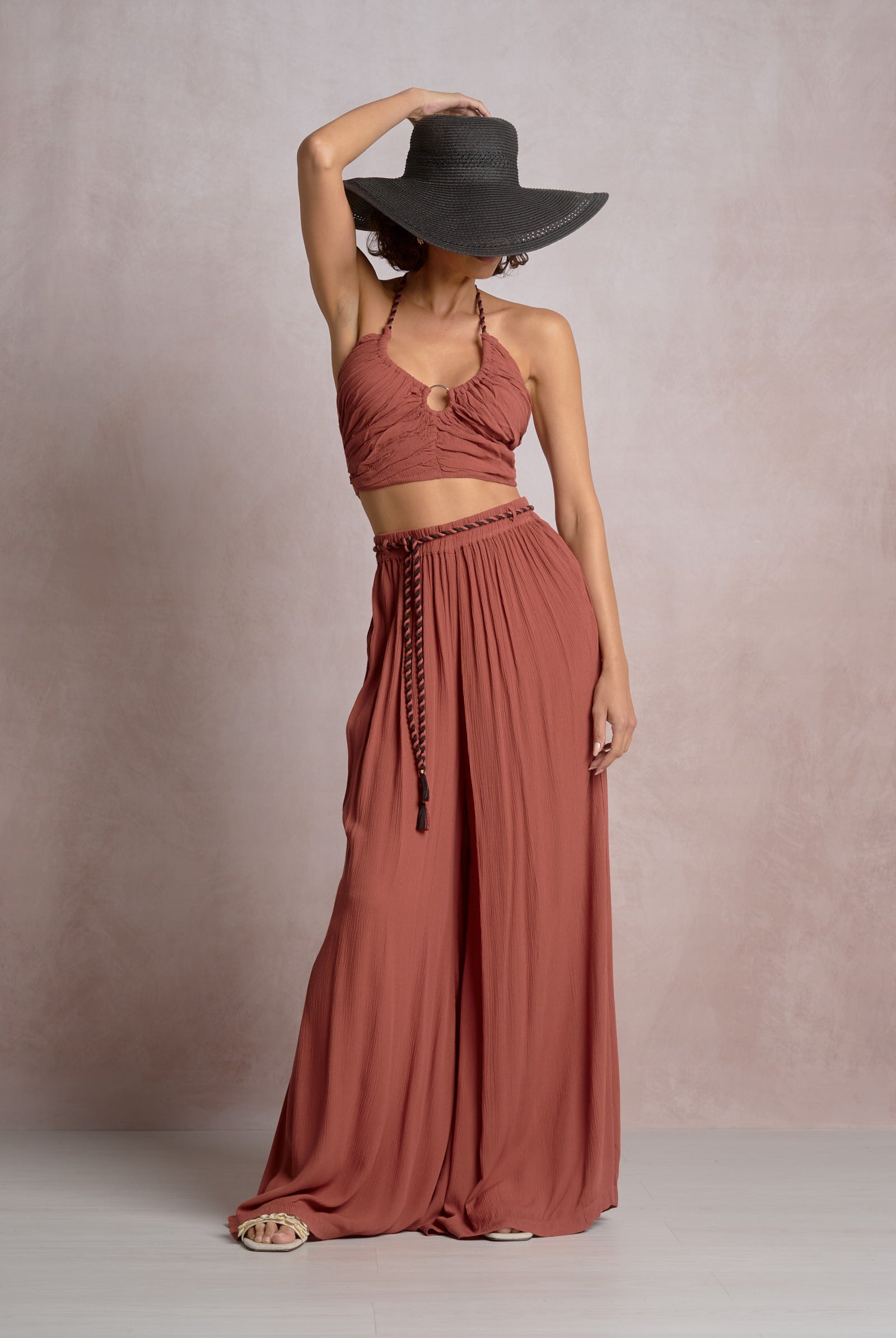 Elan Dark Cayenne Wide Leg Pants with Rope Tie-Pants-Elan-Deja Nu Boutique, Women's Fashion Boutique in Lampasas, Texas