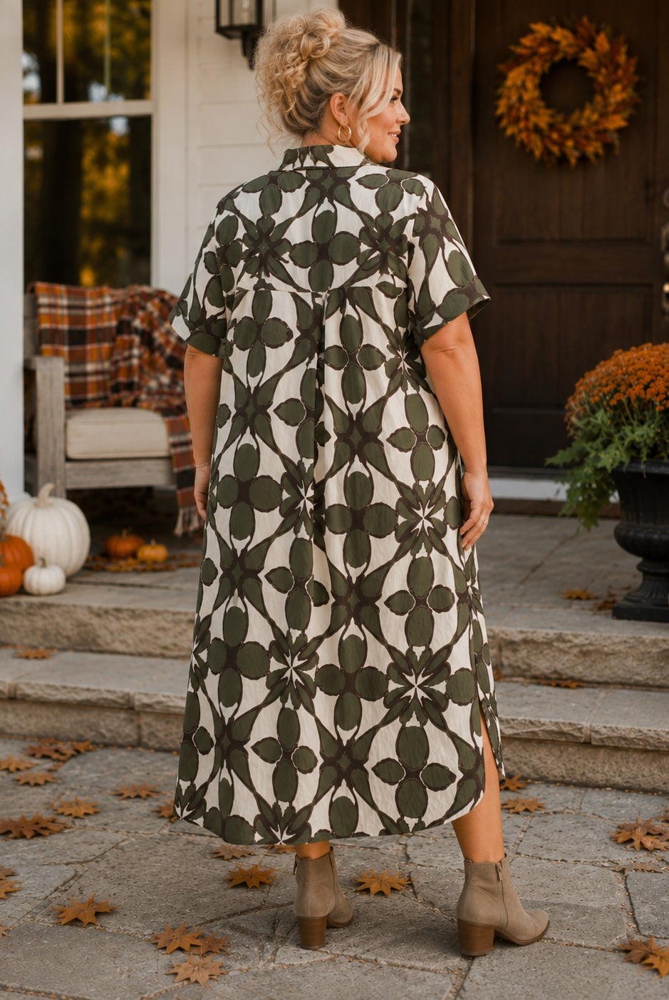 Entro Olive Abstract Print Midi Shirt Dress-Curvy/Plus Dresses-entro-Deja Nu Boutique, Women's Fashion Boutique in Lampasas, Texas