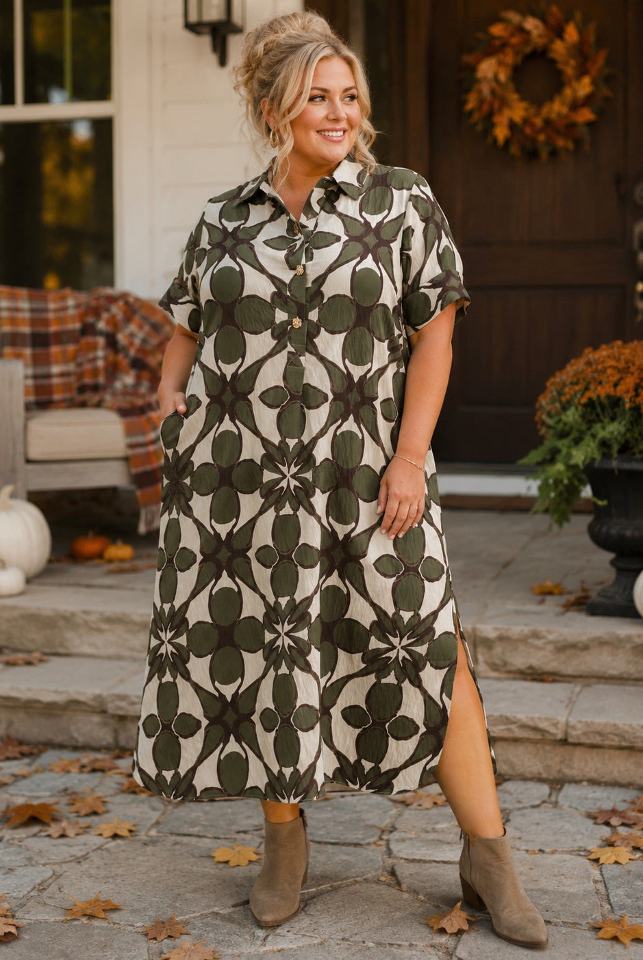 Entro Olive Abstract Print Midi Shirt Dress-Curvy/Plus Dresses-entro-Deja Nu Boutique, Women's Fashion Boutique in Lampasas, Texas