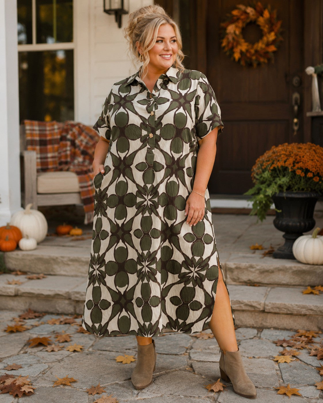 Entro Olive Abstract Print Midi Shirt Dress-Curvy/Plus Dresses-entro-Deja Nu Boutique, Women's Fashion Boutique in Lampasas, Texas