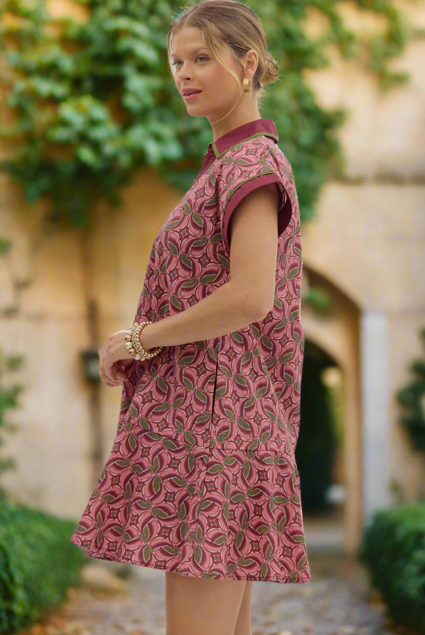 Entro Abstract Cotton Mini Dress with Spread Collar & Ruffle Hem in Wine-mini dress-entro-Deja Nu Boutique, Women's Fashion Boutique in Lampasas, Texas