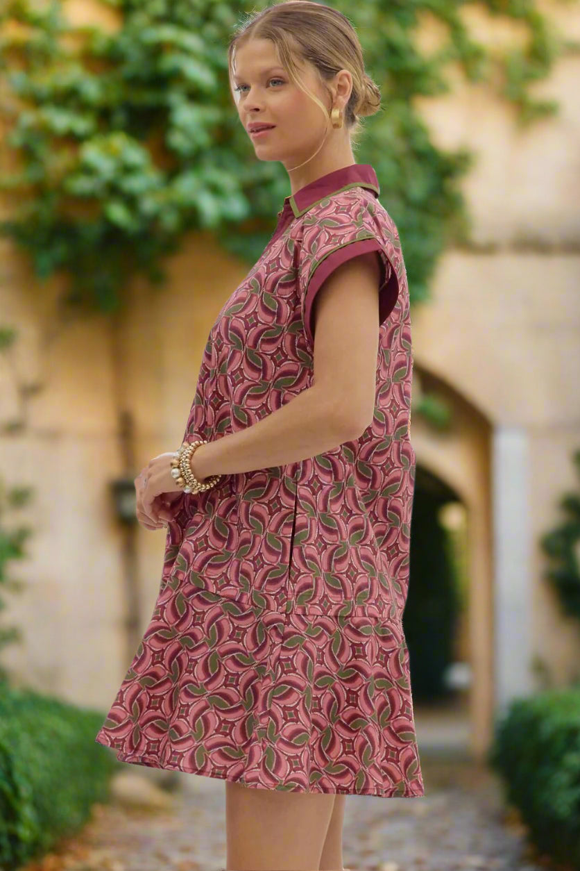 Entro Abstract Cotton Mini Dress with Spread Collar & Ruffle Hem in Wine-mini dress-entro-Deja Nu Boutique, Women's Fashion Boutique in Lampasas, Texas