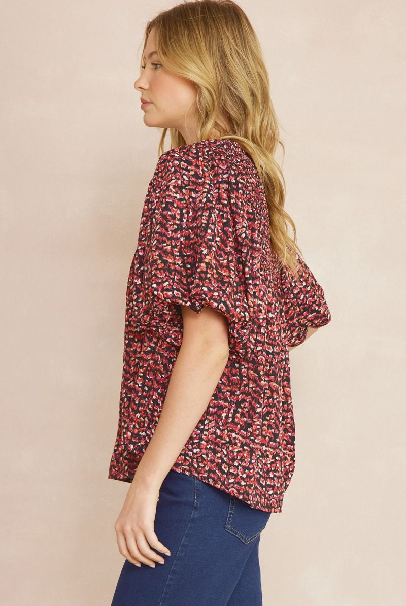 Entro Black Printed V-Neck Half Sleeve Top Featuring Self Tie At Front-Short Sleeves-Entro-Deja Nu Boutique, Women's Fashion Boutique in Lampasas, Texas
