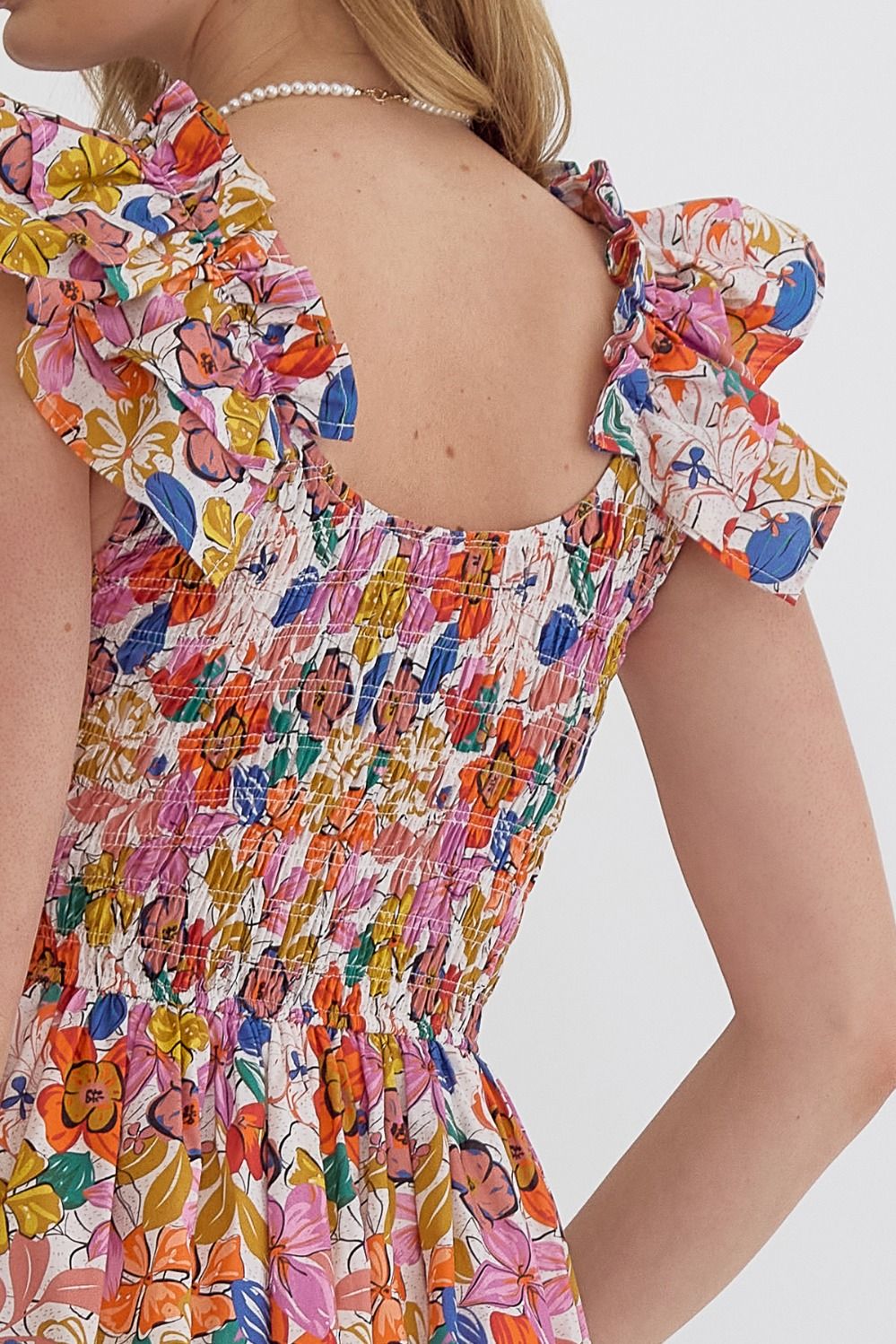 Entro Blooming Beauty Floral Mini Dress with Ruffle Detail And Smocked Bodice-Short Dresses-Entro-Deja Nu Boutique, Women's Fashion Boutique in Lampasas, Texas