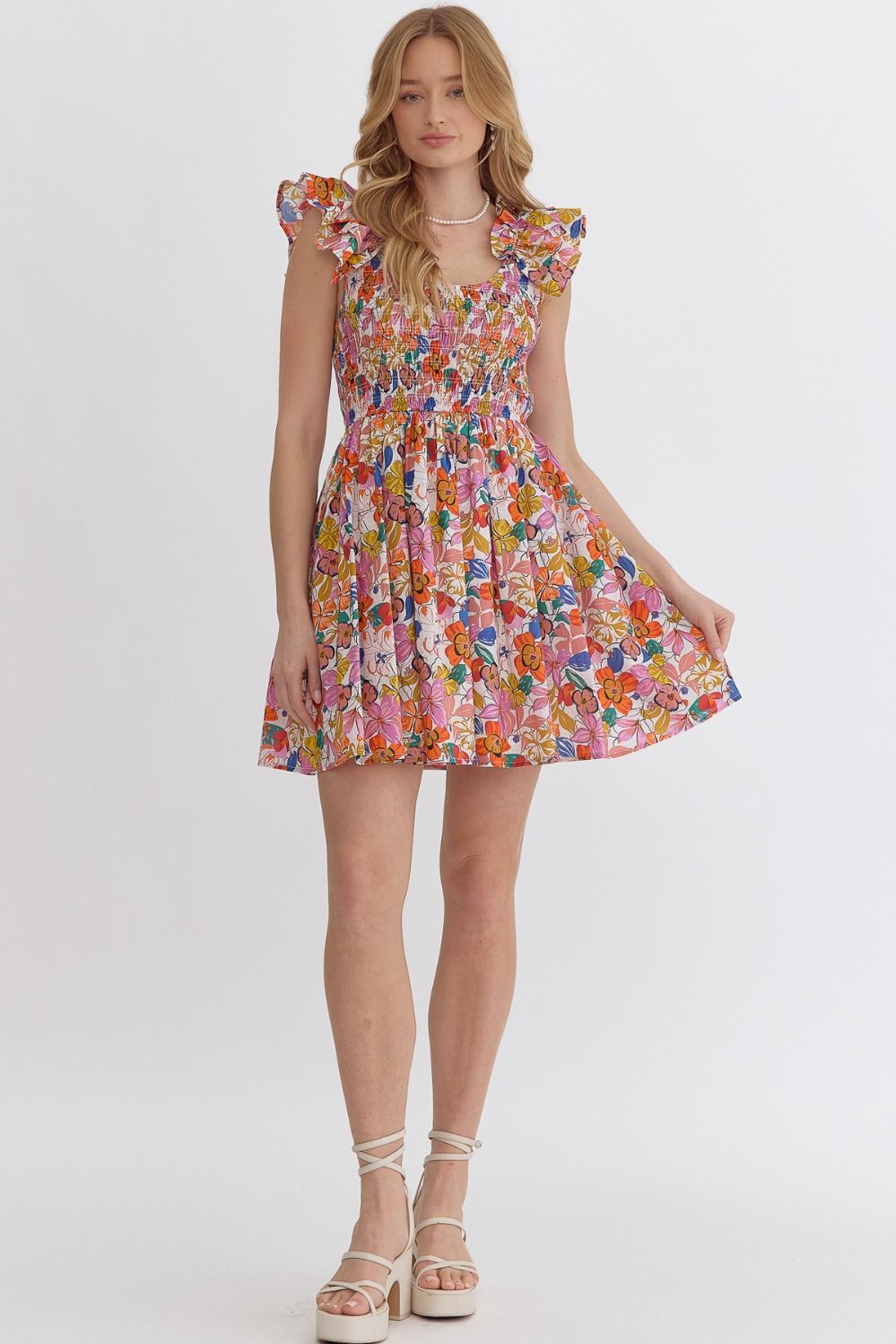 Entro Blooming Beauty Floral Mini Dress with Ruffle Detail And Smocked Bodice-Short Dresses-Entro-Deja Nu Boutique, Women's Fashion Boutique in Lampasas, Texas