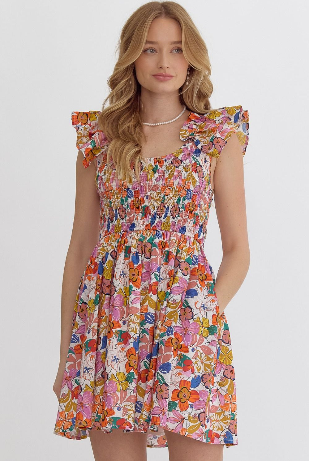 Entro Blooming Beauty Floral Mini Dress with Ruffle Detail And Smocked Bodice-Short Dresses-Entro-Deja Nu Boutique, Women's Fashion Boutique in Lampasas, Texas
