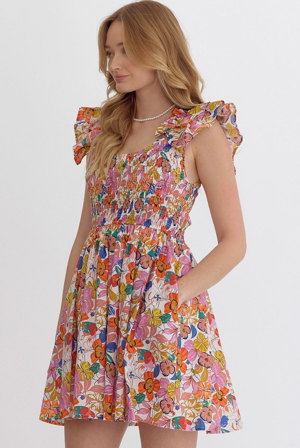 Entro Blooming Beauty Floral Mini Dress with Ruffle Detail And Smocked Bodice-Short Dresses-Entro-Deja Nu Boutique, Women's Fashion Boutique in Lampasas, Texas