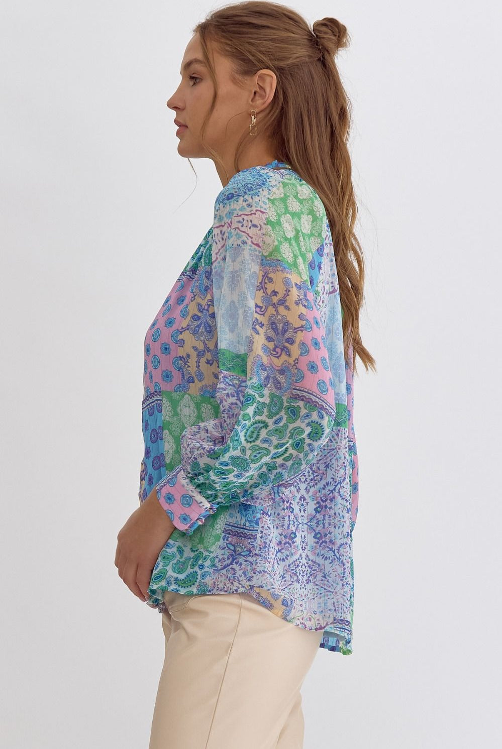 Entro Blue Patchwork Print Long Sleeve Blouse-Tops-Entro-Deja Nu Boutique, Women's Fashion Boutique in Lampasas, Texas