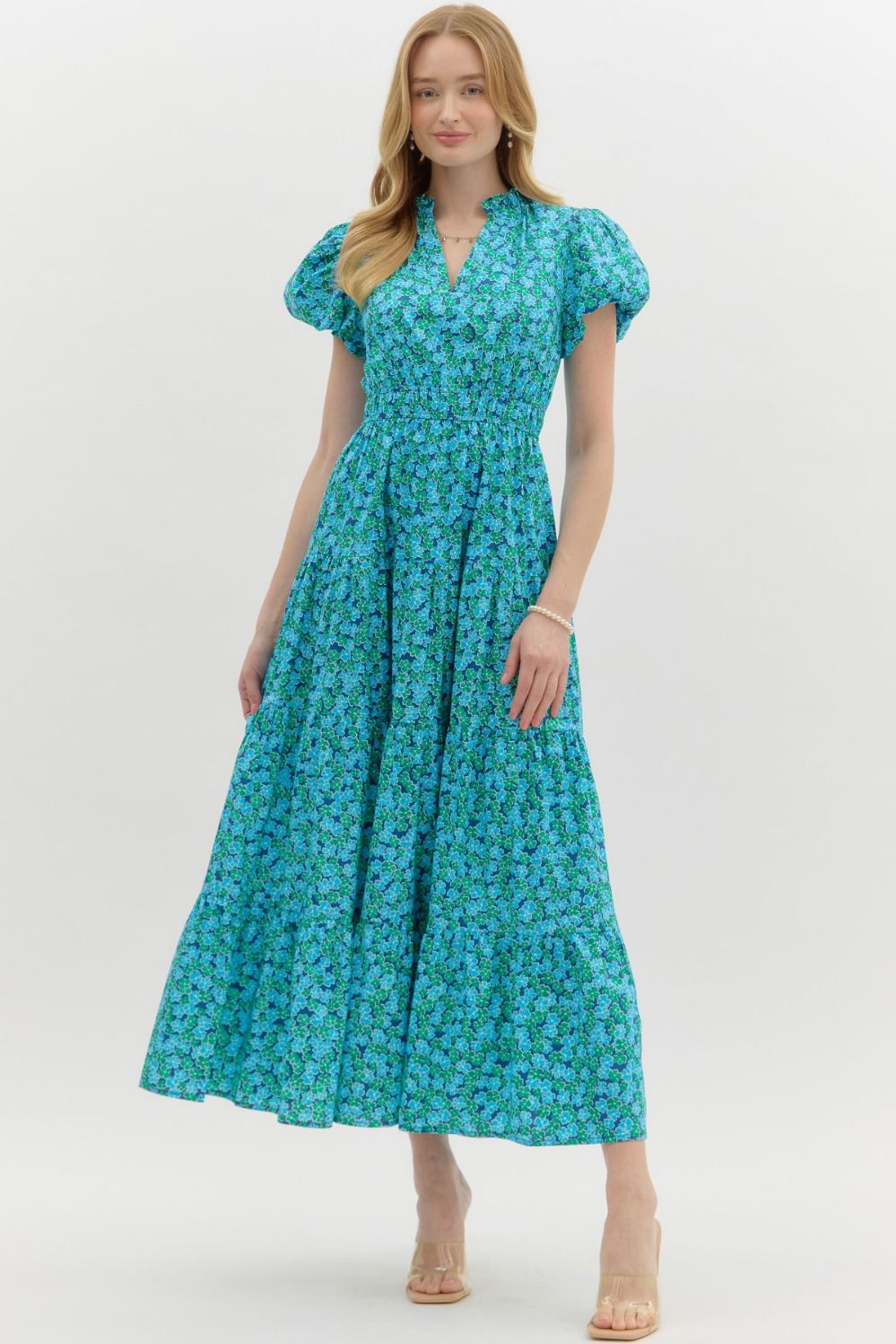 Entro Blue & Green Floral Cotton Tiered Midi Dress-Midi Dresses-Entro-Deja Nu Boutique, Women's Fashion Boutique in Lampasas, Texas