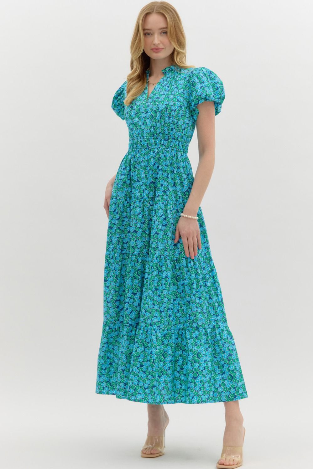 Entro Blue & Green Floral Cotton Tiered Midi Dress-Midi Dresses-Entro-Deja Nu Boutique, Women's Fashion Boutique in Lampasas, Texas