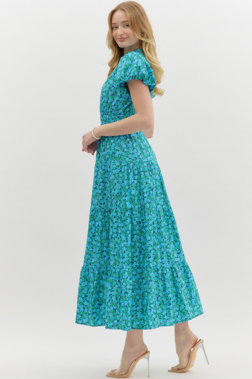 Entro Blue & Green Floral Cotton Tiered Midi Dress-Midi Dresses-Entro-Deja Nu Boutique, Women's Fashion Boutique in Lampasas, Texas