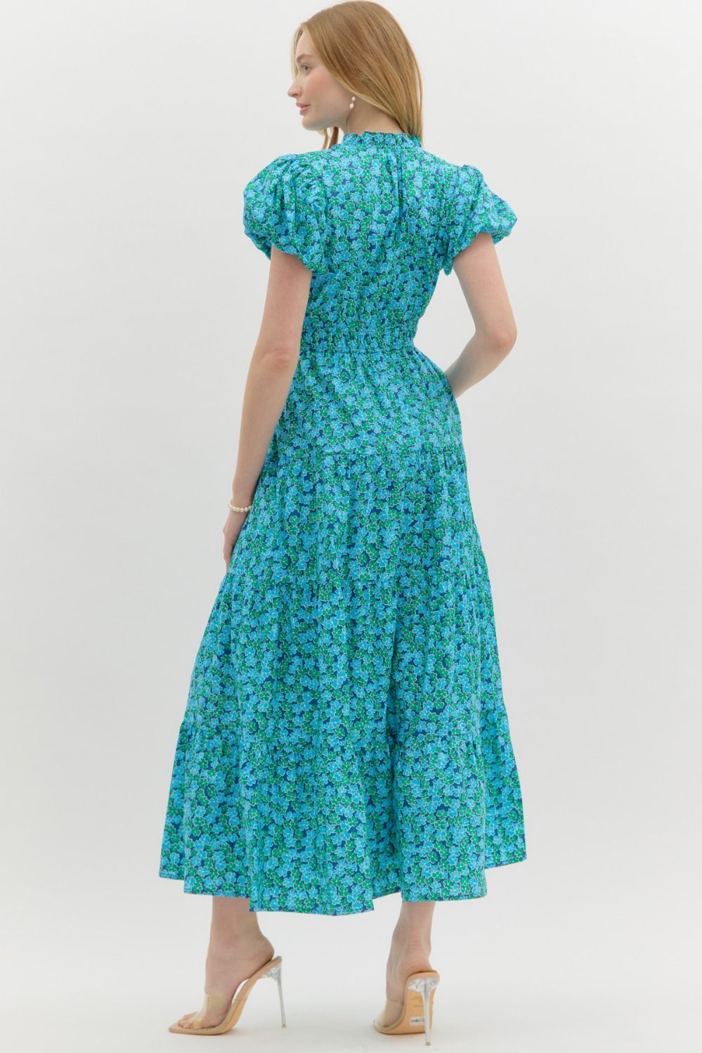 Entro Blue & Green Floral Cotton Tiered Midi Dress-Midi Dresses-Entro-Deja Nu Boutique, Women's Fashion Boutique in Lampasas, Texas